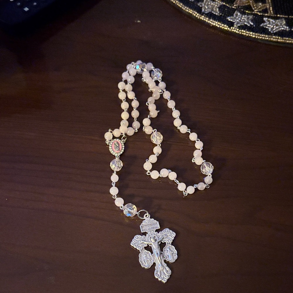 Virgin of Guadelupe rosary hand made rose quartz beads